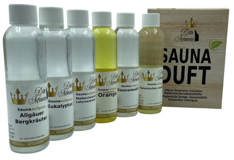 Dufte Momente | 6 x 250ml Saunaduft Konzentrat | Allgäuer Bergkräuter, Eukalyptus, Latschenkiefer, Orange, Saunamedizin (Kampfer, Zitrone), Lemongras | vegan