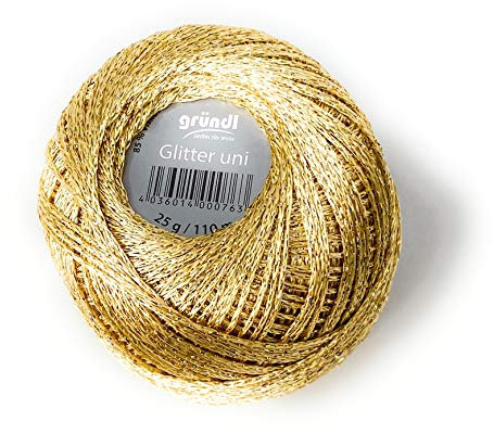 Häkelgarn, Garn Glitter uni + print, 25 g Knäuel, 110 Lauflänge 85% Viskose 15% metalliesiertes Garn (8201 Gold-uni)