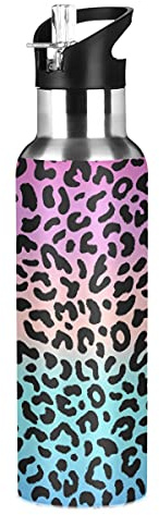 Mnsruu Blau Pink Leopard Print Thermosflaschen Wasserflasche isoliert Edelstahl Reisebecher mit Strohhalm 590 ml Weihnachten Geburtstag Geschenke für Jungen Mädchen