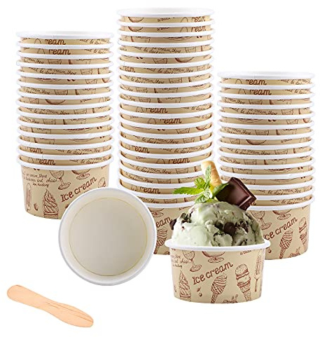 Reusable Paper Baking Cups, 50pcs - Pink Round Cupcake Cases, Dessert Tubs with Spoons for Ice Cream, Soup, Frozen Yogurt & Cake Parties (Khaki)