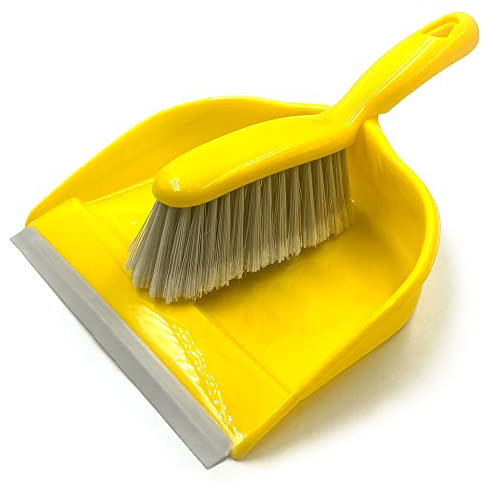 Colour Coded Dustpan and Brush Sets | 22cm Wide Plastic Dustpan with Rubber Lip, and Soft Bristle Brush | Hand Brush and Pan for Domestic and Commercial Use (Yellow)