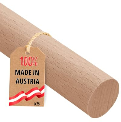 Gedotec Buchen-Rundstab glatt - 5 Stück massive Rundhölzer 1000 mm, Ø 40 mm | runde Holzstäbe zum Basteln MADE IN AUSTRIA - Bastelstäbe aus Buche ca. 8% Restfeuchte, Bastelholz astfrei & unbehandelt