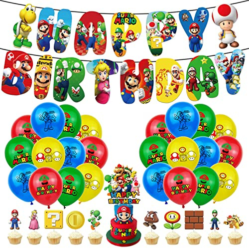 Super Mario 11pcs Cake Topper Decorating Set, 24pcs Latex Balloons, Happy Birthday Banner Bunting for Boys Girls Birthday, Baby Shower Decoration