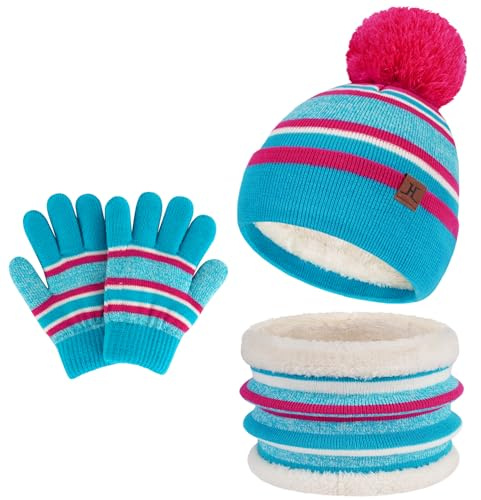Bequemer Laden Niños Invierno Gorro Termicos Bufanda Guantes Conjunto con Gorra Pompón Forro Polar Regalo Niños Niñas 2-7