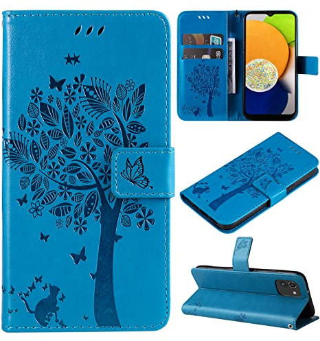 Fatcatparadise Kompatibel mit Samsung Galaxy A03 Hülle, Handyhülle Samsung A03, Prägung Muster Schutzhülle Galaxy A03 PU Leder Wallet Case Klappbar Flip Hülle Brieftasche Ledertasche (Blau)