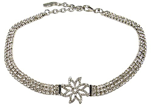 Alpenflüstern Trachten-Strass-Kropfkette Edelweiss - nostalgische Trachtenkette enganliegend, Kropfkette elastisch, eleganter Damen-Trachtenschmuck, Samtkropfband schmal (silber-farben) DHK314