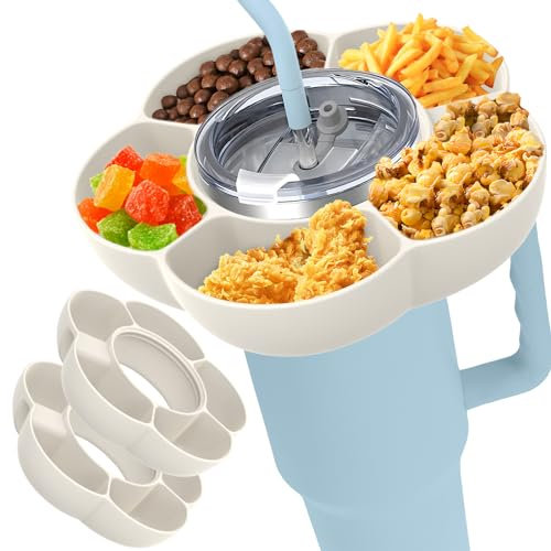 2Pcs 40oz Snack Bowl Tumbler Tray With Handle - 5 Grids Container Box for Cup Top Ring, Candy, Nuts Platter for Home Office Travel Camping (Milky)