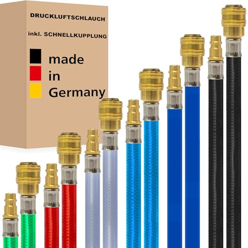 Druckluftschlauch inkl. Schnellkupplung (1/4) Druckschlauch Luftschlauch Gewebeschlauch Kompressorschlauch - Made in Germany (9 x 14 mm - 5 m, Schwarz)