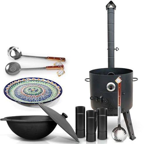 Feuerofen Ø 44 cm 2 mm Stahl Utschak Uchag mit Thermometer Usbekische Kazan 16 L Verlängerungsrohr Schaumlöffel für Plov Schöpfkelle Казан Lagan Ø 37 cm (Set 4)
