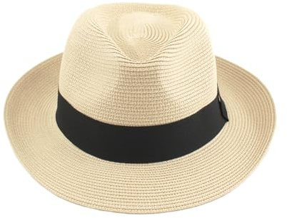 Unisex Panama Straw Hat Summer Foldable Beach Fedora UV Sun Protection for Women Outdoor Travel (US, Numeric, 7 3/8, 7 5/8, Beige)