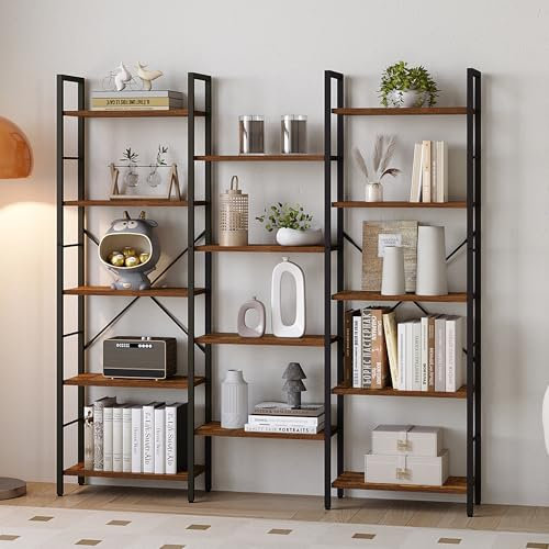 Hzuaneri Bücherregale, Standregale, Regal mit 14 Fachböden, 5 Etagen, Verstellbarer Abstand, 24 x 152 x 156 cm, Tragfähigkeit 280 kg, Wohnzimmer, Büro, Vintage Braun-Schwarz BC25001B
