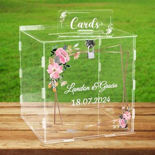 Wxexopowk Caja para Tarjetas de Boda de Acrílico - Buzón de Boda, Caja para Tarjetas de Dinero Personalizable con Cerradura y Ranura para Recepción, Aniversario, Fiesta de Cumpleaños