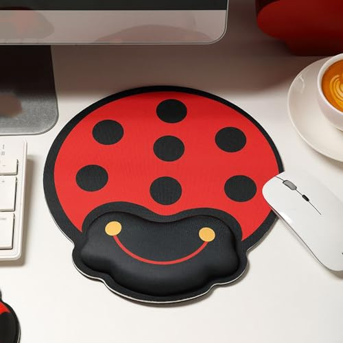 Vllcsla Tappetino Mouse Poggiapolsi Nero e Rosso, Tappetino Mouse Rotondo per Casa Ufficio, 23x25.3 cm, Ergonomico, Base Antiscivolo, Tocco Morbido, Coccinella Gaming Mousepad Ergonomico