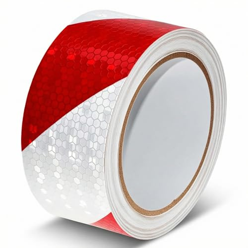 QWORK® Reflektierendes Klebeband Rot & Weiß 5 cm x 10 m - Wasserdichtes und Selbstklebendes Warnband für Fahrzeuge, Schilder und Outdoor