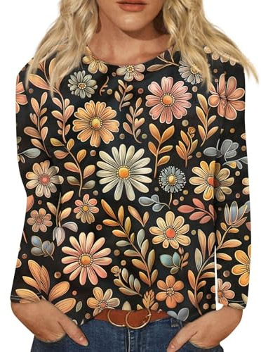 Long Sleeve Blouses for Women Fall Elegant Floral Print Shirt Tunic Tops Plus Size Casual Round Neck Fit Pullovers Saffron M Long Sleeve Shirts Plus Size Woman Long Sleeve Blouse for 60S Or 70S