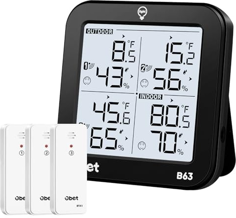 OBET Indoor Outdoor Thermometer Wireless Weather Station with 3 Sensors, Digital Hygrometer Remote Thermometer, Thermometer Temperature Humidity Monitor with Adjustable Backlight, USB Port (500 Feet)