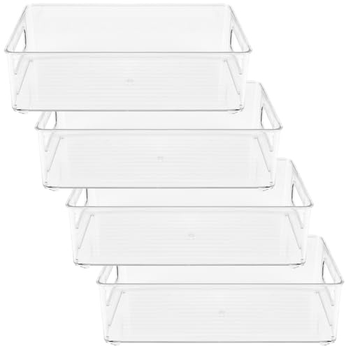 MAKTSAM 4 st kylskåpsorganisatörer, 25,5 x 15 x 7,6 cm genomskinliga kylskåpsförvaringsbehållare med handtag, rektangulära plastförvaringslådor för kylskåp, köksbänk, förvaringsskåp