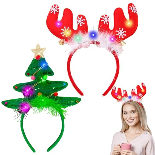 2 Stücke Haarreifen Weihnachten, Headwear mit Glocken Rentier Geweih Stirnband Christmas Headband, Glitzer Weihnachts Stirnband Stirnband aus Elchgeweih Weihnachtsfeier Cosplay Stirnband Dekoration