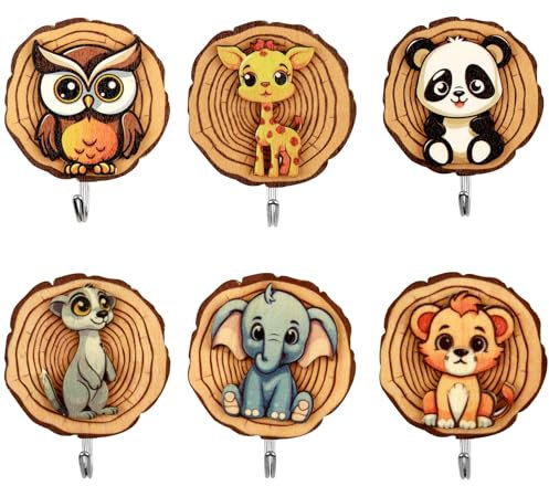 ZoeWei Children's Coat Rack Hooks, Pack of 6 Coat Hooks for Children in Animal Shape, Wall Hooks, Wooden Coat Hooks, Children's Self-Adhesive Hooks for Children's Room, Towel Holder, Door Hooks