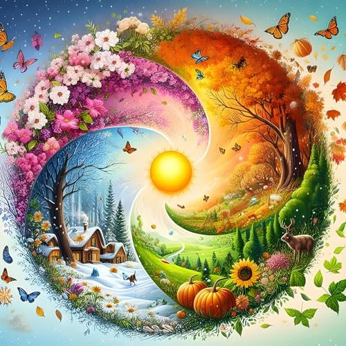 DPHERO DIY Vier Jahreszeiten Diamant Painting Bilder für Erwachsene Anfänger,5D Schmetterling Diamond Painting Set,DIY Tai Chi Runde Steine Diamant Kunst Kits, Diamant Art für Zuhause Dekor 30x30 cm
