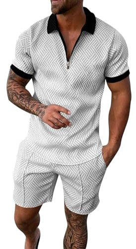 Herren-Trainingsanzug, zweiteilig, Sommer, Sommer, Strand 2025, T-Shirt und Hose, Urlaub, Business-Poloshirt, grau, Small