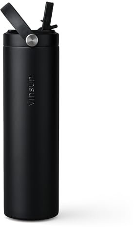 Vinsun Thermoflasche schwarz 750ml Strohhalm - auslaufsicher, doppelwandig isoliert, BPA frei - robuste Trinkflasche Edelstahl für Sport, Outdoor, Wandern, Arbeit