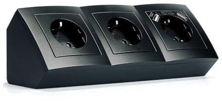 Eck-Steckdose Aufbaumontage, 3 fach Schuko, 2x USB-A, 15 cm Anschlusskabel und Lüsterklemme für Küchen-Arbeitsplatte, Büro, Werkstatt, 250V~/16A, anthrazit, weiß, grau (schwarz)