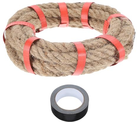 sourcing map Jute Rope 0.55 Inch x 25ft, Heavy Natural Thick Twisted Rope with Black Tape for Crafts Railing Docks Tug of War Swing Nautical Landscaping