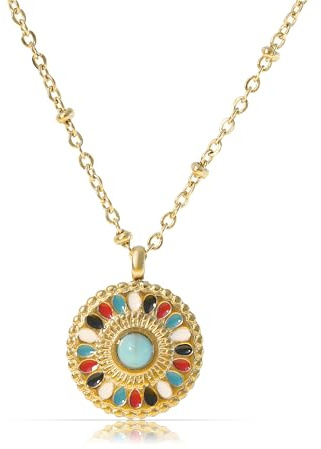 Made by Nami Halskette Damen Gold mit Mandala Anhänger und Edelsteinen in Bunt oder Grün aus Chirurgischem Edelstahl 40 + 5 cm Boho Schmuck Damen Wasserfest & Hypoallergen