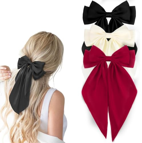 ZUWIJEQ 3 Pcs Lazos Pelo Niña Pinzas para el Pelo Lazos de Satén Para Niñas Grandes Pinzas para el Cabello Francesas de Color Sólido Pasadores Pelo Mujer (Negro/Rojo/Beige)