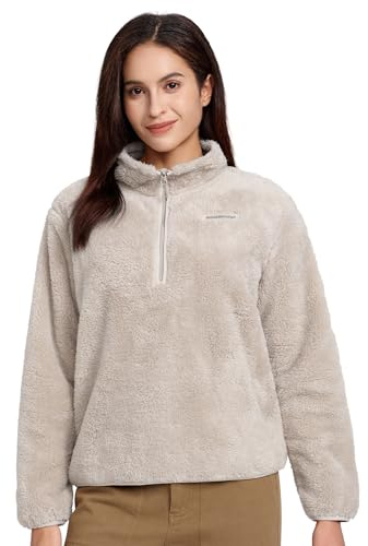 Pioneer Camp Damen Fleecejacke Winter, Thermischer Fleecepullover mit Stehkragen, Weicher Sweater Langarm Half-Zip, Winddichte Sport Pullover für Kaltwetter (Beige;M)
