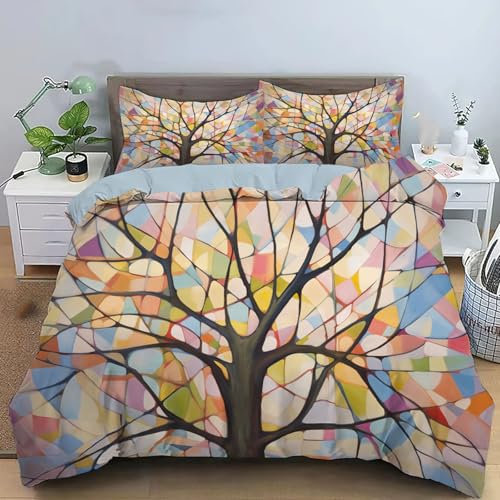King Retro Plants Duvet Cover Sets, Soft Microfiber Reversible 3 Duvet Cover Sets, 220x230cm Abstract Tree Quilt Covers, Apricot Bedding Set, 2 Pillowcases and Zipper Closure