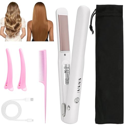 GOZINA Cordless Hair Straighteners, Mini Travel Portable Hair Straightener and Curler, Small USB Rechargeable Thin Hair Straighteners with 4 Temp Adjustable Present for Women (White)