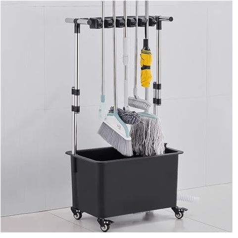 Balai et serpillière, Support à serpillière en Acier Inoxydable, Armoire de Rangement Mobile, Chariot de Concierge sur roulettes, Organisateur de Produits de Nettoyage/Noir / 60