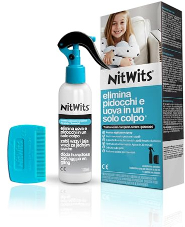 NitWits Spray Anti Pidocchi ad Azione Rapida – Trattamento pidocchi e lendini – Pettine in plastica incluso – Facile da rimuovere – 120ml - 100% efficacie contro Larve e Lendini