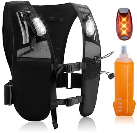 HEEBUKE Gilet da Corsa con Luci LED & Borraccia da 500 ml - Gilet di Idratazione Regolabile per Uomo & Donna - Zaino Leggero e Riflettente - Per Maratona, Trail Running, Ciclismo, Escursioni