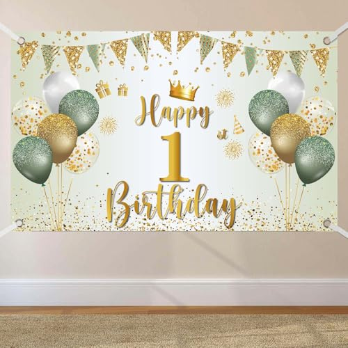 1. Geburtstag Banner, Banner 1 Geburtstag Mädchen Grün Gold, Extra Große 1 Hintergrund Banners, Geburtstagsbanner 1. für Mädchen Junge Party Geburtstagsdeko