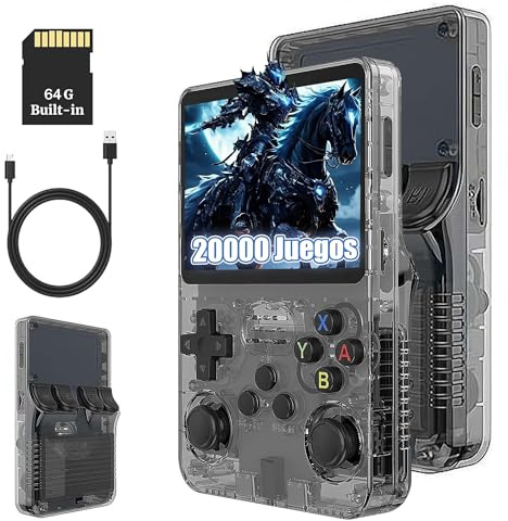 R36S Consola de Juegos Retro 64GB, Consola de Juegos Emuladora Portátil con 20000+ Juegos, Pantalla IPS de 3,5 Pulgadas, Sistema Linux, Soporta Muchos Emuladores, Joysticks 3D (Negro Transparente)