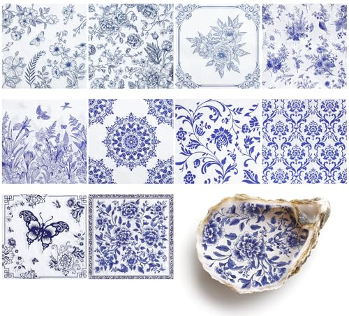 NatNarr 30 Pack Decoupage Napkins, 10 Styles Blue and White Floral Paper Napkins Chinoiserie Decorative Decoupage Napkin Printed Cocktail Paper for DIY Crafting Birthday Party Baby Shower