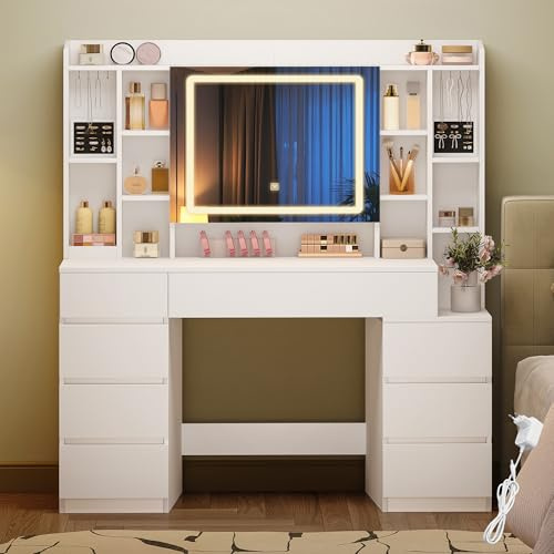 HEXCELEN 120 cm Coiffeuse avec Miroir et Éclairage LED, Blanc