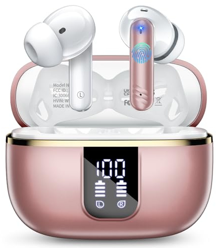 Wireless Earbuds, Bluetooth 5.4 Headphones in Ear 3D Bass Stereo, 46H Wireless Earphones with 4 ENC Noise Cancelling Mic,IP7 Waterproof Bluetooth Ear Buds With Touch Control for iOS Android. Rose