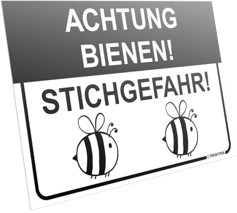 PRINTIMA Schild Achtung Bienen – Stichgefahr 32x21 cm – Warnschild wetterfestes PCV – Hinweisschild mit Symbol & Dübel – für Imker, Gärten, Schulhöfe & Spielplätze