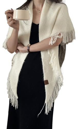 Chal de punto triangular para mujer, elegante bufanda de pashmina de mezcla de lana con flecos, chal cálido de invierno para mujer, bufanda elegante para otoño y uso diario, beige, Talla única