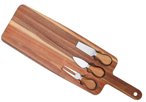 FUNNETOYU Tabla de Madera con Cuchillos y Tenedores Bandeja para Queso y Charcutería para Fiestas Plato para Servir Frutas Verduras y Carnes Tabla de Cortar con Asa Resistente