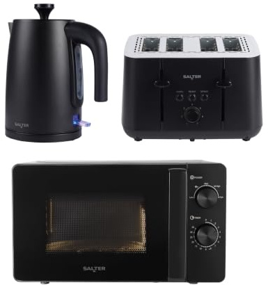 Salter Kuro 3-Piece Kitchen Set – 1.7L Rapid Boil Kettle, 4-Slice Toaster with 7 Browning Levels & Defrost/Reheat/Cancel Functions, 20L 800W Microwave with 5 Power Levels & Defrost, Matte Black Finish | 800W manual dials, 5 power levels and defrost, 3000W rapid boil with auto shut-off, 7 browning levels, defrost/reheat/cancel