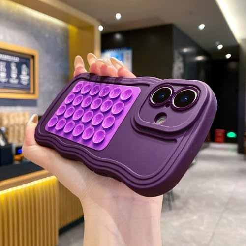 YVWUNH Custodia morbida in silicone con ventosa creativa e riccia per iPhone 17 16 15 14 Plus 13 12 11 Pro Max, supporto per selfie, viola scuro, per iPhone 15 Pro Max