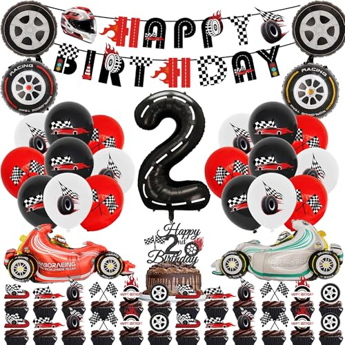 2nd Birthday Decorations for Boys - 51 Pcs Race Car 2nd Party Decoration | Happy Birthday Banners Cupcake Cake Toppers Number 2 Motorcycle Balloon Racing-Themed Balloon Kit for Two Fast Party Supplies