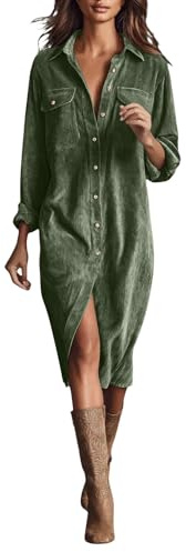 Robe chemise en velours côtelé de coupe surdimensionnée avec poches latérales et fendues pour l'automne et l'hiver, tenue décontractée au quotidien, Vert, L