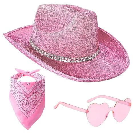 3-teiliges Cowboyhut Pink Damen Set mit Herzbrille und Schal, Cowboy Hut Pink, Cowgirl Kostüm Accessoires, Pinker Cowboyhut Damen Glitzer Westernhut Rosa Cowgirl Hut für Fasching, Karneval, Halloween