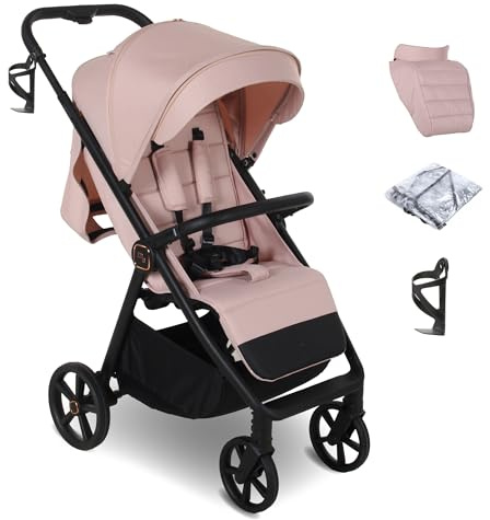 My Babiie MB170 Plus Pushchair – from Birth to 4 Years (22kg), 4-Wheel Suspension, Large Basket, XL Canopy, Foldable, Compact, Stroller with Footmuff, Cup Holder, Rain Cover – Pastel Pink